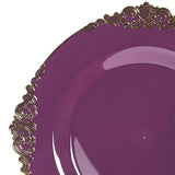 10-Pack Plastic 8INCH Round Dessert Plates in Purple with Gold Leaf Embossed Rim Disposable#whtbkgd