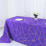 90Inchx132Inch Purple Rectangle Polyester Tablecloth With Gold Foil Geometric Pattern