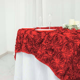 72x72inch Red 3D Rosette Satin Table Overlay, Square Tablecloth Topper