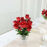 12 Bushes | Red, Black Artificial Premium Silk Flower Rose Bud Bouquets