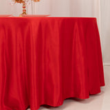 120inch Red Seamless Lamour Satin Round Tablecloth for 5 Foot Table With Floor-Length Drop