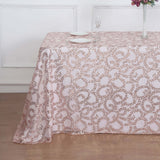 90x156inch Blush Rose Gold Sequin Leaf Embroidered Rectangular Tablecloth, Sheer Table Overlay