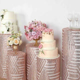 Set of 5 Rose Gold Sequin Mesh Cylinder Pedestal Pillar Prop Covers with Geometric Pattern