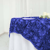 72x72inch Royal Blue 3D Rosette Satin Table Overlay, Square Tablecloth Topper