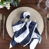 5 Pack | Navy & White Striped Satin Cloth Dinner Napkins | 20x20Inch