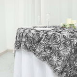 72x72inch Silver 3D Rosette Satin Table Overlay, Square Tablecloth Topper