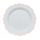 White Plastic Dinner Plates Disposable Tableware Round With Rose Gold/Blush Scalloped Rim#whtbkgd