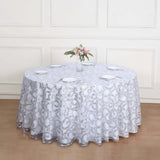 120inch Silver Sequin Leaf Embroidered Seamless Tulle Round Tablecloth, Sheer Table Overlay
