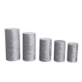 Set of 5 Silver Crushed Velvet Cylinder Pedestal Stand Covers, Premium Pillar Prop Covers