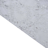 90x156inch Silver Sequin Leaf Embroidered Rectangular Tablecloth, Seamless Sheer Table Overlay