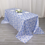 90"x132" White Blue Seamless Satin Rectangular Tablecloth in French Toile Floral Pattern