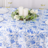 60"x102" White Blue Satin Rectangular Tablecloth in French Toile Floral Pattern, Wrinkle Resistant