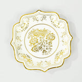 25 Pack White Gold Disposable Party Plates in French Toile Floral Pattern 10inch Paper Dinner Plate