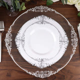 10 Pack | 10inch White Silver Leaf Embossed Baroque Plastic Dinner Plates