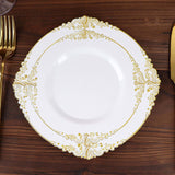 10 Pack | 8inch White Gold Leaf Embossed Baroque Plastic Salad Dessert Plates