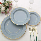 25 Pack | 10inch Dusty Blue Gold Rim Sunray Disposable Dinner Plates