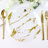 10 Pack | 10Inch Gold and Clear Marble Print Plastic Dinner Party Plates, Disposable Plates