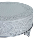 14inch Round Silver Embossed Cake Stand Riser, Matte Metal Cake Pedestal