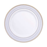 10 Pack White Renaissance Disposable Dinner Plates With Gold Navy Blue Chord Rim, Plastic Party