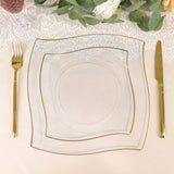 10 Pack | 8inch Clear / Gold Wavy Rim Modern Square Plastic Dessert Salad Appetizer Party Plates
