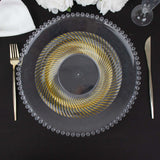 10 Pack | 9inch Clear / Gold Swirl Rim Disposable Dinner Plates, Round Plastic Party Plates