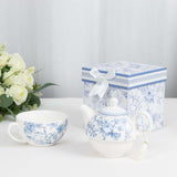 White Blue Chinoiserie Bridal Shower Gift Set, Porcelain Teapot and Cup Set with Matching Gift Box