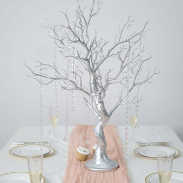 Manzanita Tree Centerpiece Metallic SIlver with 8 Acrylic Bead Chains - Easy Assembly Decorative Artificial Tree for Modern Weddings Parties & Event Displays 34"