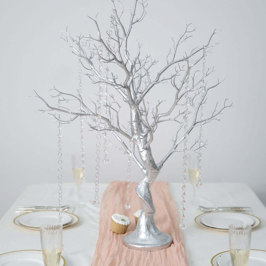 34" Metallic Silver Manzanita Centerpiece Tree + 8 Acrylic Bead Chains