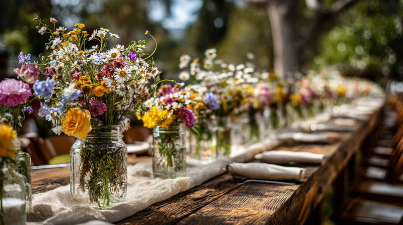 Mason jar centerpiece with wildflowers