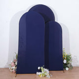 Set of 3 Matte Navy Blue Spandex Fitted Chiara Backdrop Stand Covers For Round Top Wedding