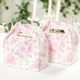 25 Pack Candy Treat Tote Boxes in French Toile Pattern - Matte Pink and White Party Favor Gable Box