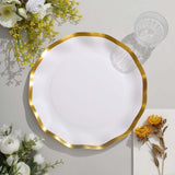 25 Pack | 10inch Matte White / Gold Wavy Rim Disposable Dinner Plates, Round Paper Party Plates