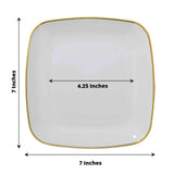 10 Pack | 7inch White with Gold Rim Square Plastic Salad Party Plates, Dessert Appetizer Plates