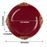 10inch Burgundy Gold Leaf Embossed Baroque Plastic Dinner Plates, Disposable Vintage Round Plates