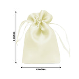 Cream satin drawstring pouch, 6 inches tall and 4 inches wide.