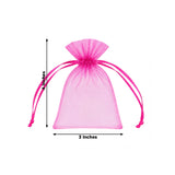 Pink organza drawstring gift bag, 4 x 3 inches, shown with dimensions.