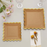 25 Pack | 9 Square Natural Brown Paper Dinner Plates With Gold Scalloped Rim, Party Plates