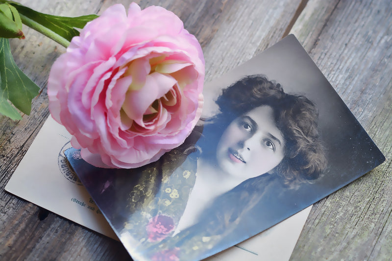 Pink flower resting on a vintage portrait postcard