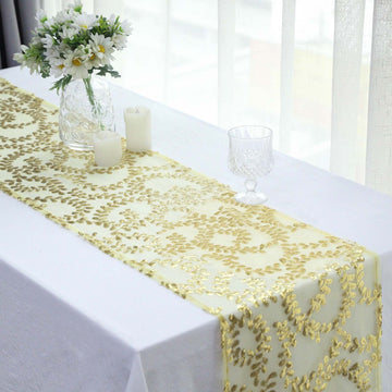 Mesh 12"x108" Table Runner Gold - Leaf Vine Sequin Embroidered Design for Sophisticated Occasion