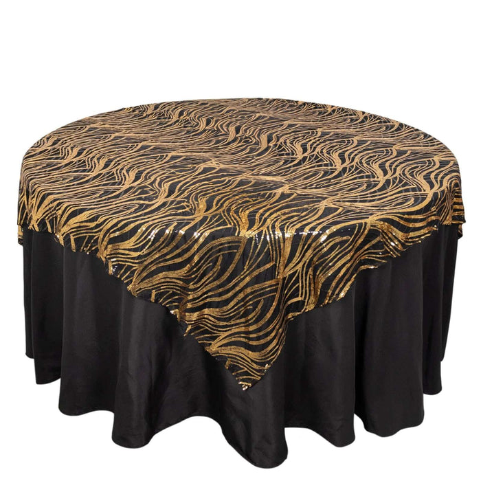 72x72inch Black Gold Wave Mesh Square Table Overlay With Embroidered Sequins