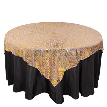 Mesh 72"x72" Table Overlay Square Tablecloth Rose Gold/Gold - Wave Embroidered Sequins Table Topper