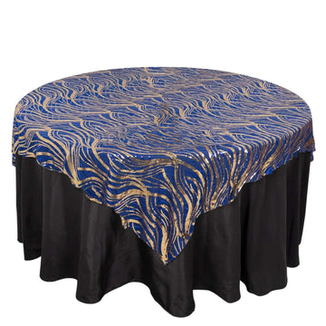 Mesh 72"x72" Table Overlay Square Tablecloth Royal Blue - Wave Embroidered Sequins Table Topper