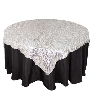 Mesh 72"x72" Table Overlay Square Tablecloth Silver - Wave Embroidered Sequins Table Topper