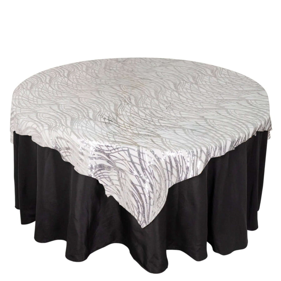 72x72inch Silver Wave Mesh Square Table Overlay With Embroidered Sequins