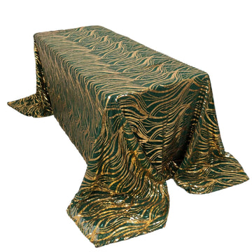 Mesh 90"x156" Rectangle Tablecloth Hunter Emerald Green/Gold - Wave Sequin Embroidered Table Cover