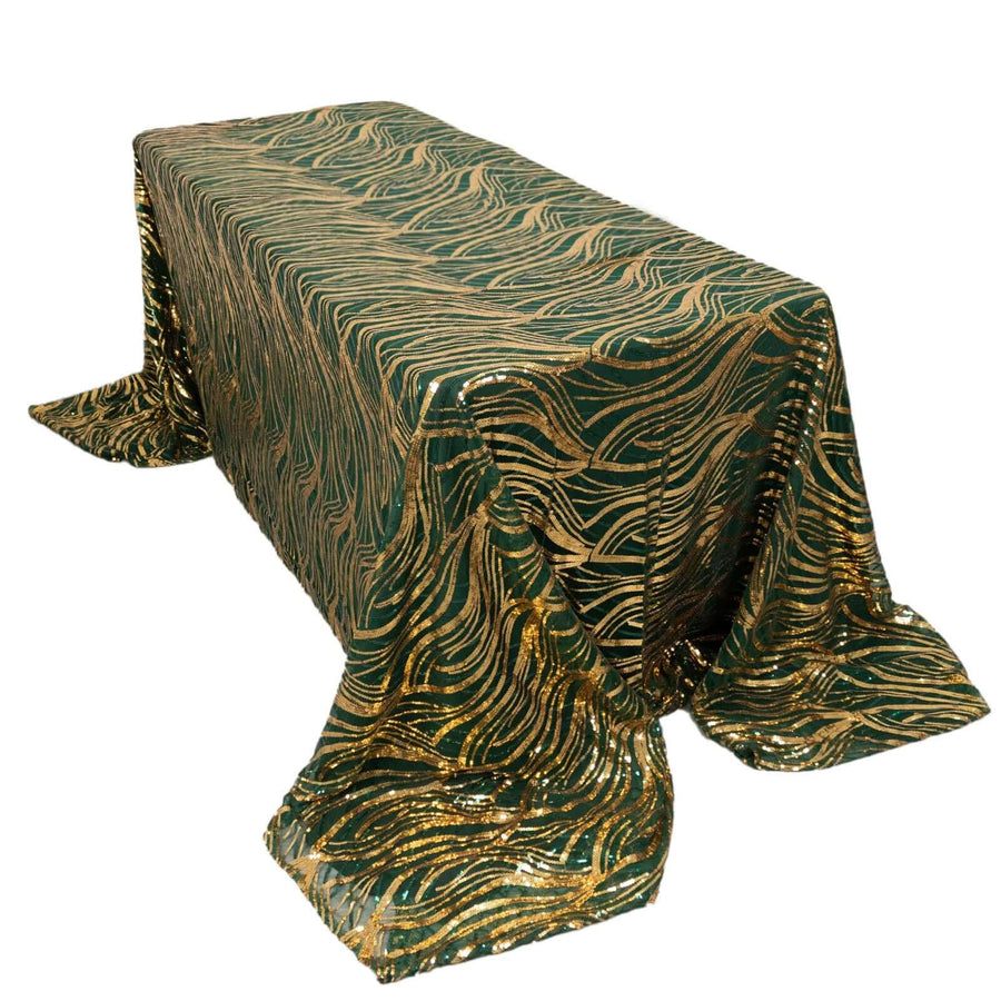 90x156inch Hunter Emerald Green Gold Wave Mesh Rectangular Tablecloth With Embroidered Sequins