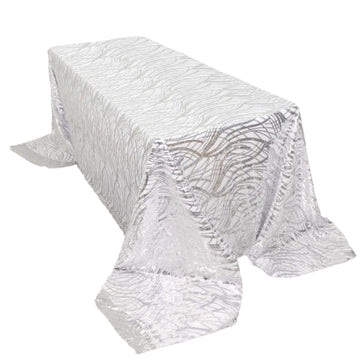 Mesh 90"x156" Rectangle Tablecloth Silver - Wave Sequin Embroidered Table Cover