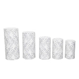 Set of 5 White Wave Mesh Cylinder Pedestal Stand Covers with Embroidered Sequins, Premium#whtbkgd