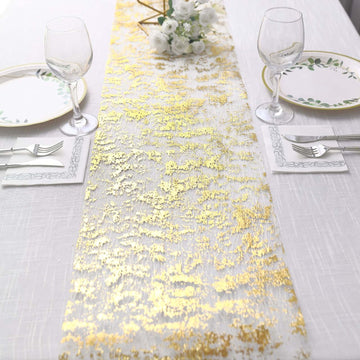 Mesh Polyester 108" Table Runner Roll Metallic Gold Distressed Foil Printing Design - Disposable Stylish Party Table Decor