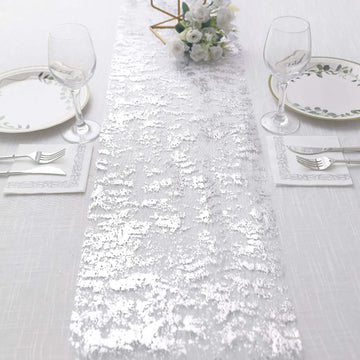 Mesh Polyester 108" Table Runner Roll Metallic Silver - Distressed Foil Look Disposable Table Decor